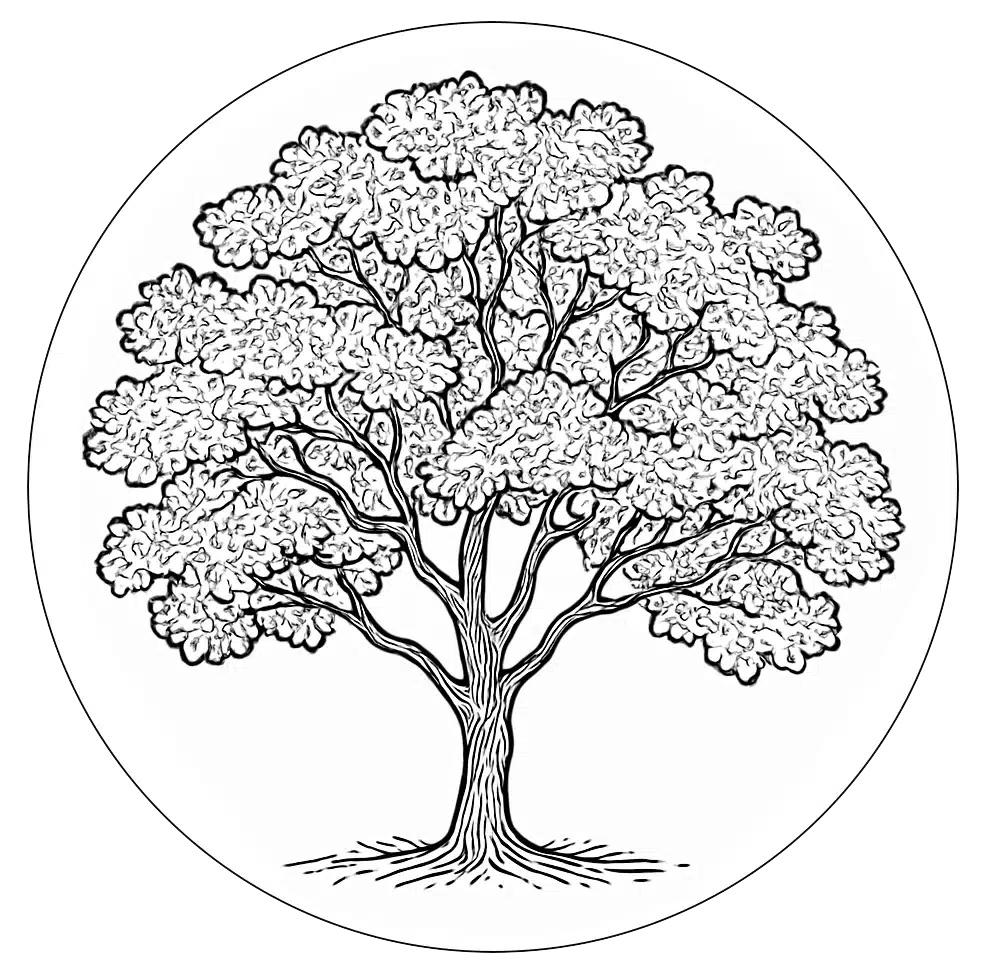 Illustration of detailed tree with circular frame